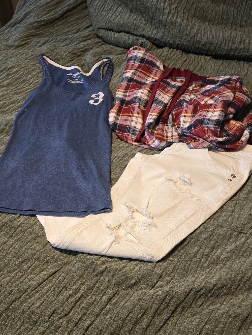 Women’s Distressed White Jeans - Classic Fit Flannel & Tank